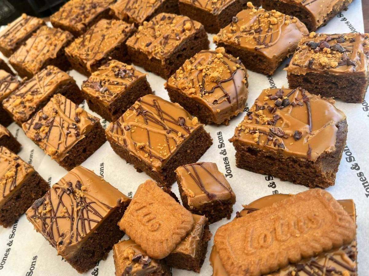 Biscoff and caramel brownies on Jones & Sons paper