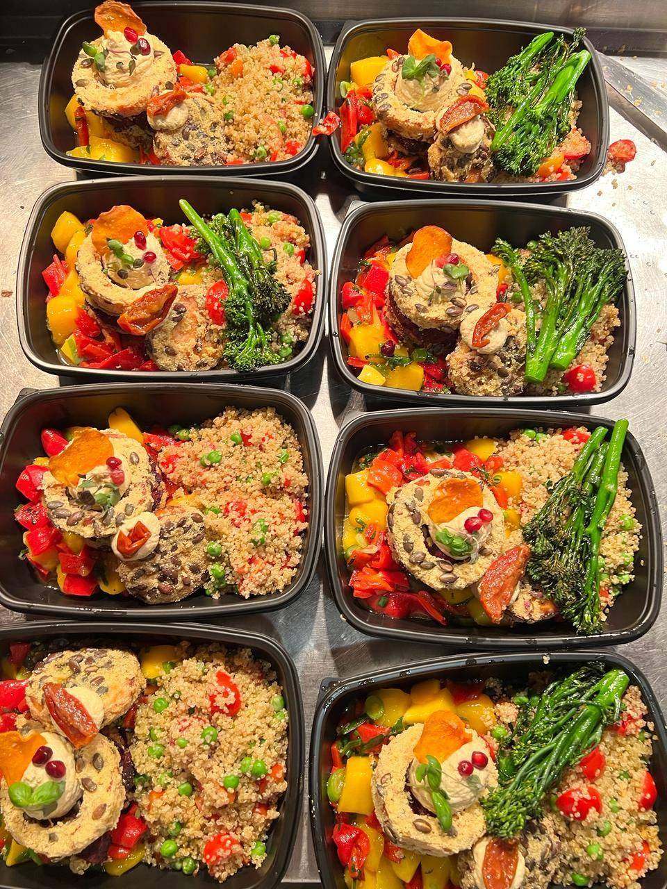 Individual Hot Box meals with grains, roasted vegetables and tenderstem broccoli
