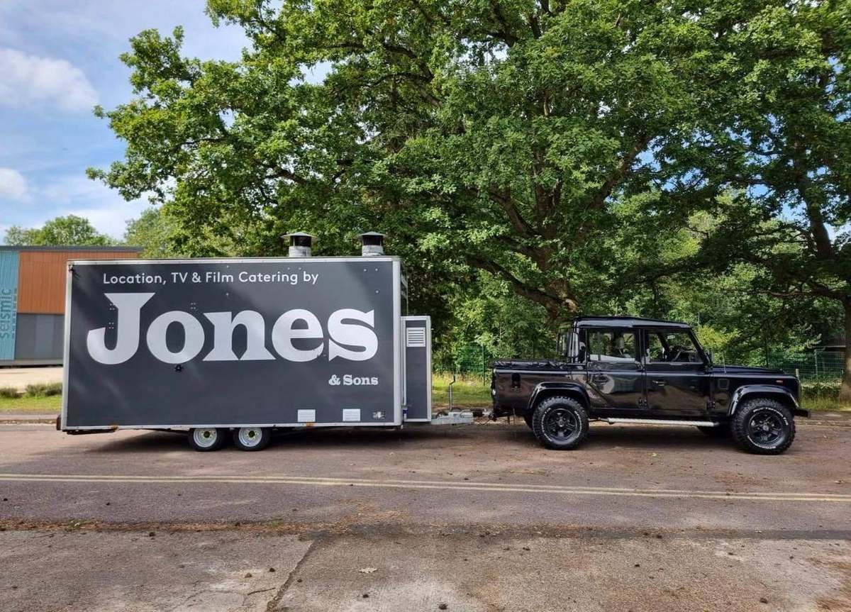 Jones & Sons location, TV & film catering trailer hitched to a Land Rover